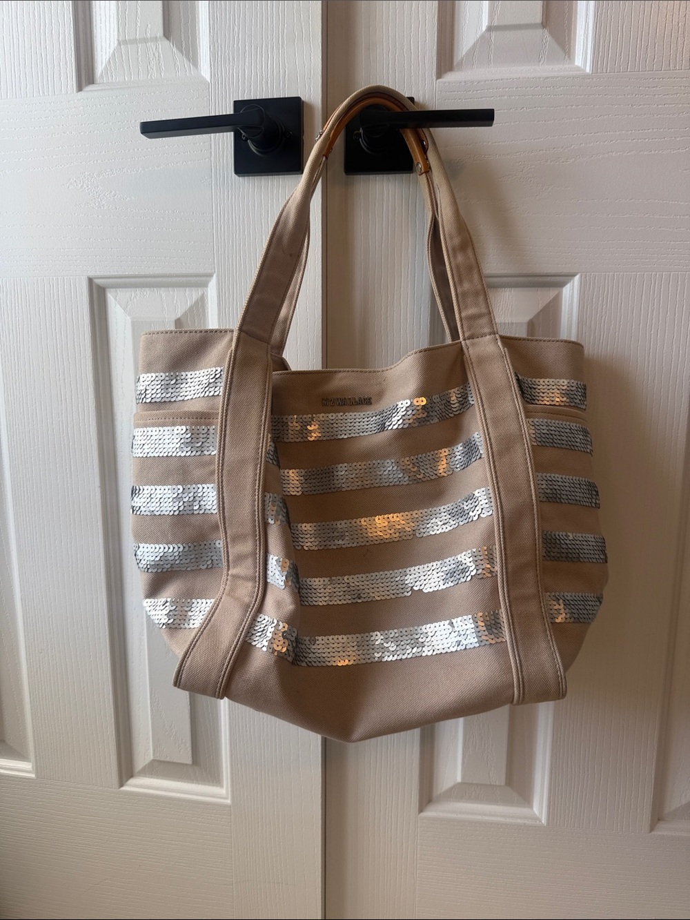 MZ Wallace beige tote with silver sequin stripes